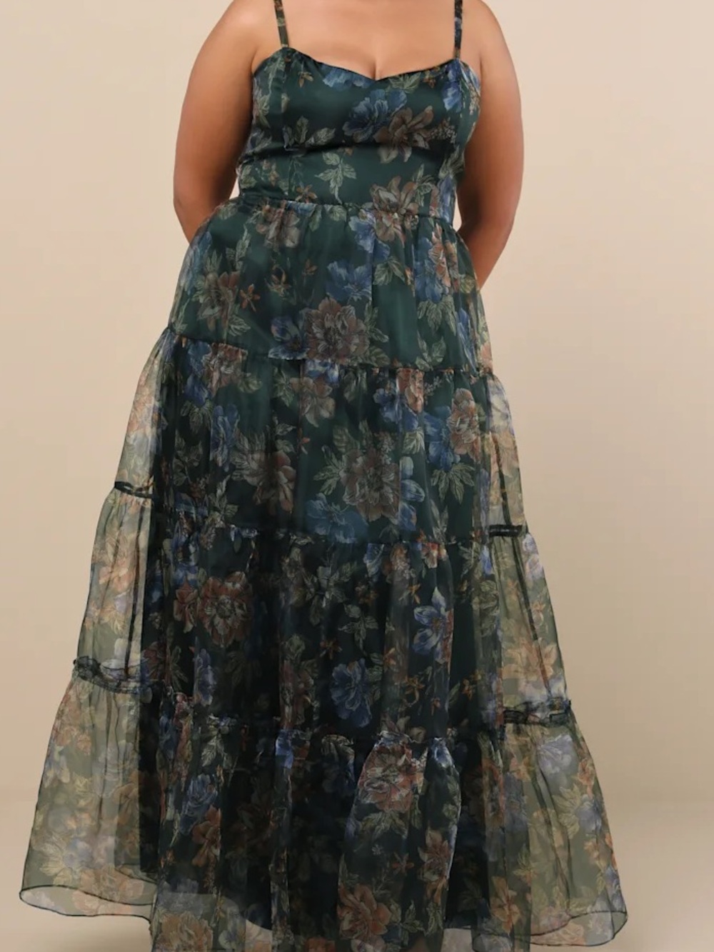Lulus-  Glamour Green Floral Organza Tiered Maxi Dress (Only worn once)